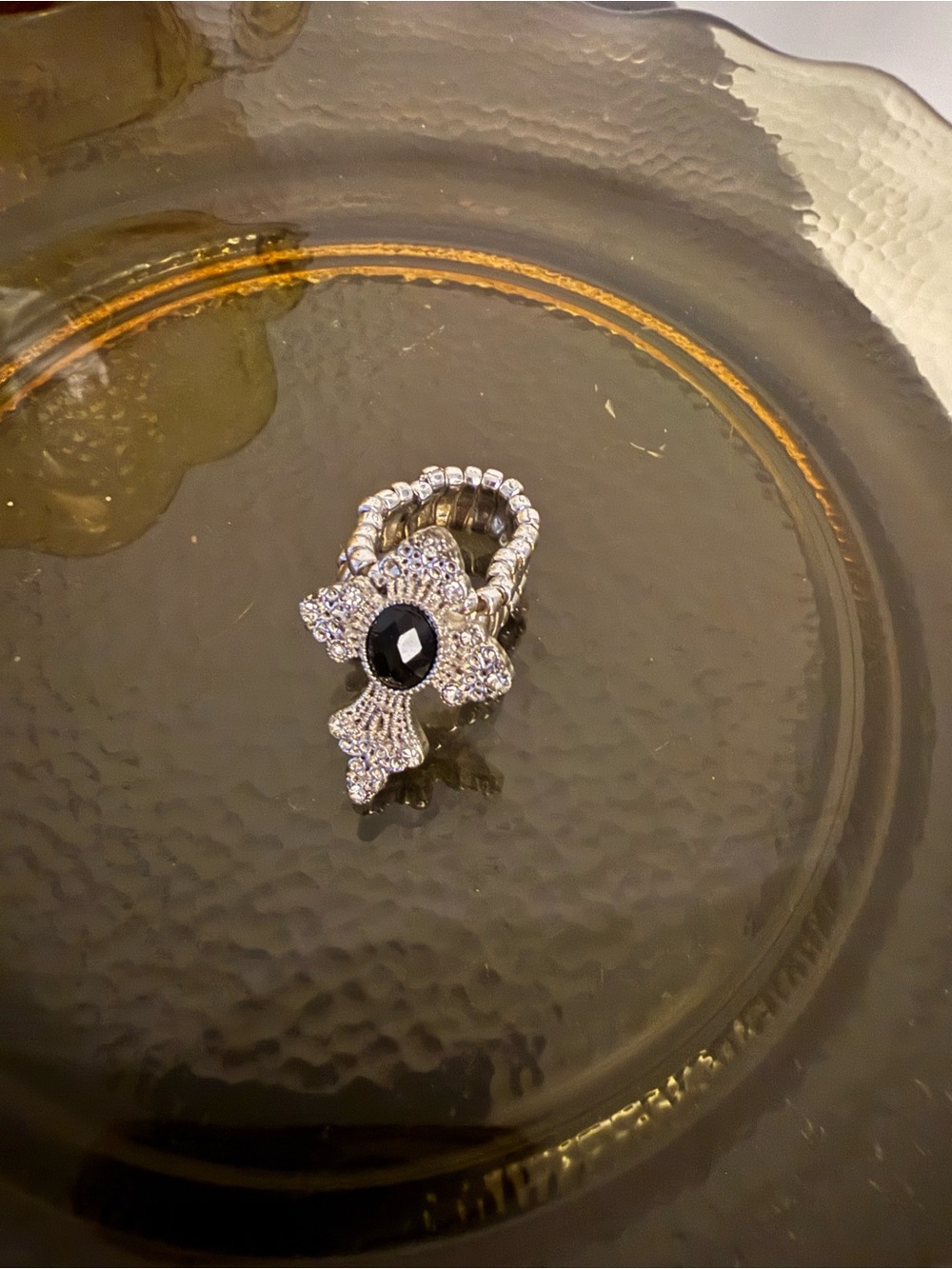 Silver Floral Ring with Black Center Stone